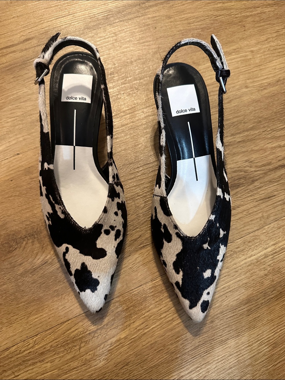 Dolce Vita Black and White Cow-Print Pointed Slingback Flats